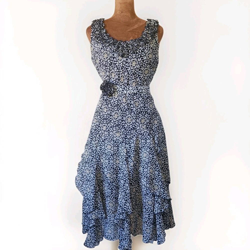 Y2K Ruffle Hem Dress Robbie Bee Women's Size 6 Midi Belted Sleeveless Party